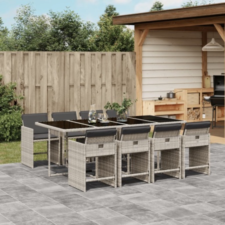 Set mobilier grădină cu perne, 9 piese, gri deschis, poliratan