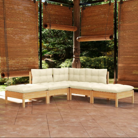 Set mobilier grădină cu perne crem, 5 piese, lemn de pin