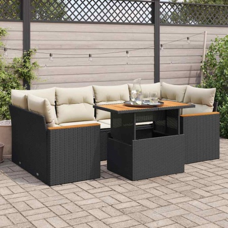 Set mobilier grădină perne 6 piese negru poliratan/lemn acacia - Img 1