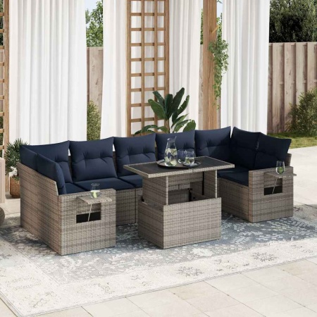 Set mobilier grădină perne 8 piese negru, poliratan/lemn acacia