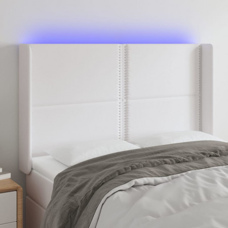 Tăblie de pat cu LED, alb, 147x16x118/128 cm, piele ecologică