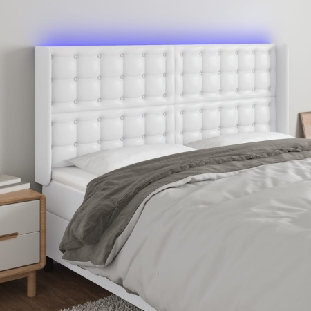 Tăblie de pat cu LED, alb, 183x16x118/128 cm, piele ecologică