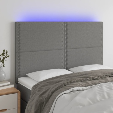 Tăblie de pat cu LED, gri închis, 144x5x118/128 cm, textil