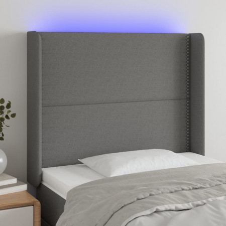 Tăblie de pat cu LED, gri închis, 83x16x118/128 cm, textil