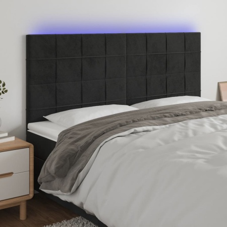 Tăblie de pat cu LED, negru, 183x16x118/128 cm, catifea