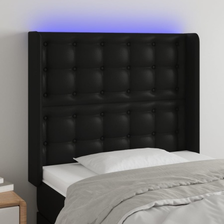 Tăblie de pat cu LED, negru, 83x16x118/128 cm, piele ecologică