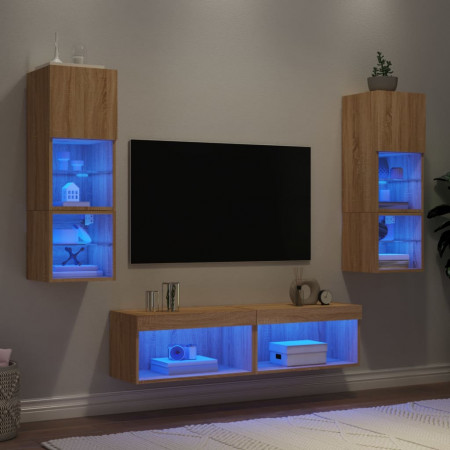 Unități de perete TV cu LED-uri, 6 piese, stejar sonoma, lemn