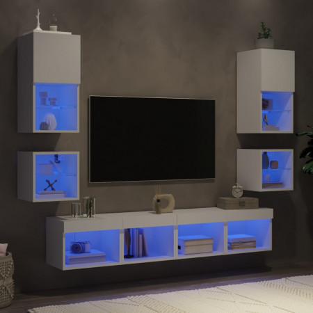 Unități de perete TV cu LED-uri, 8 piese, alb, lemn prelucrat