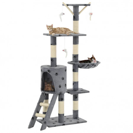Ansamblu pisici stâlpi funie sisal, 138 cm imprimeu lăbuțe, gri - Img 1