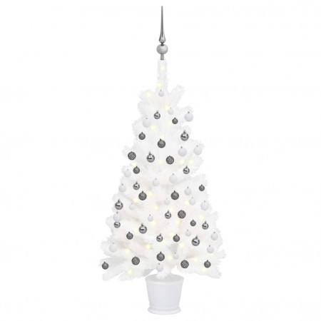 Brad Crăciun pre-iluminat artificial, set globuri, alb, 90 cm - Img 1