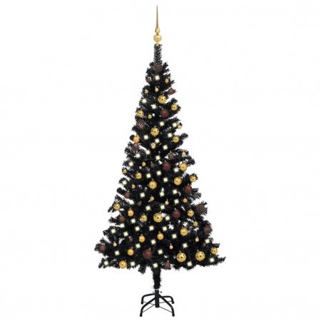 Brad Crăciun pre-iluminat cu set globuri, negru, 180 cm, PVC