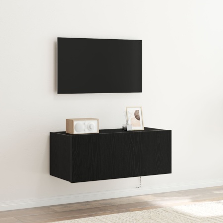 Cabinet TV cu Luminile LED Stejar Negru 80x35x31 cm