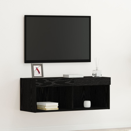 Cabinet TV de perete cu lumini LED Stejar Negru 80x30x30 cm