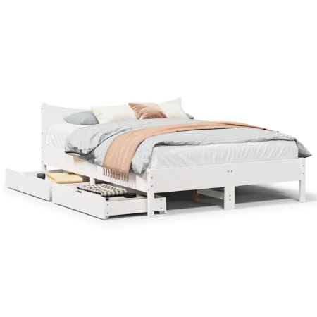 Cadru de pat cu sertare, alb, 135x190 cm, lemn masiv de pin