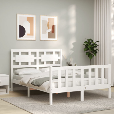 Cadru de pat cu tăblie, dublu, alb, lemn masiv