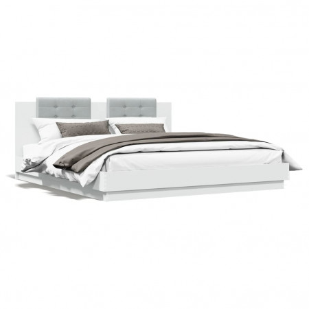 Cadru de pat cu tăblie și lumini LED, alb, 180x200 cm