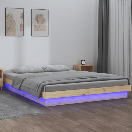 Cadru de pat dublu cu LED, 135x190 cm, lemn masiv dublu