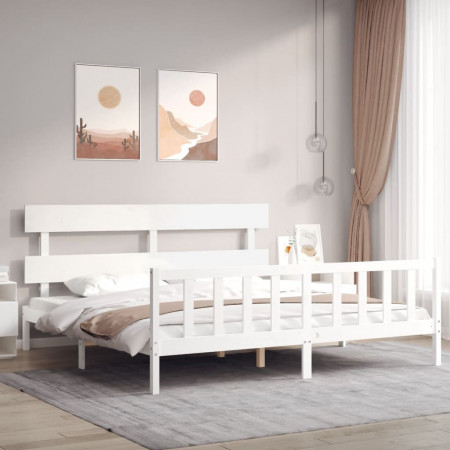 Cadru pat cu tăblie 200x200 cm, alb, lemn masiv