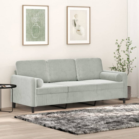 Canapea cu 3 locuri cu pernuțe, gri deschis, 180 cm, catifea - Img 1