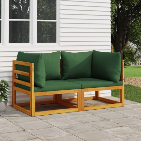 Canapele colț modulare, 2 buc, perne verzi, lemn masiv acacia