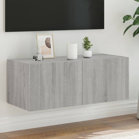Comodă TV de perete cu lumini LED, gri sonoma, 80x35x31 cm