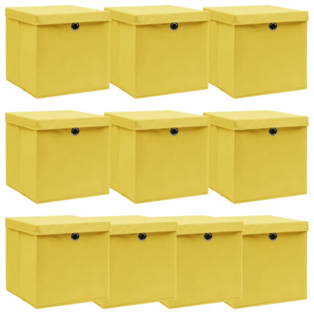 Cutii depozitare cu capac, 10 buc., galben, 32x32x32 cm, textil