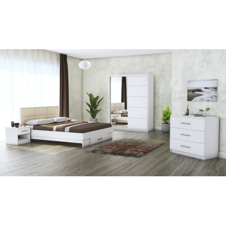 Dormitor solano, alb, dulap 150 cm, pat cu tablie tapitata crem 160×200 cm, 2 noptiere, comoda - Img 1