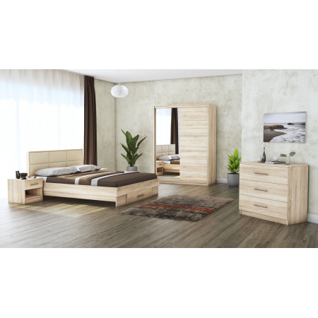 Dormitor Solano, sonoma, dulap 150 cm, pat cu tablie tapitata crem 140×200 cm, 2 noptiere, comoda - Img 1