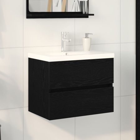 Dulap pentru chiuvetă cu chiuvetă încorporată din lemn ingineresc de stejar negru, Dulap pentru chiuvetă din stejar negru 60x38,5x45 cm lemn ingineresc