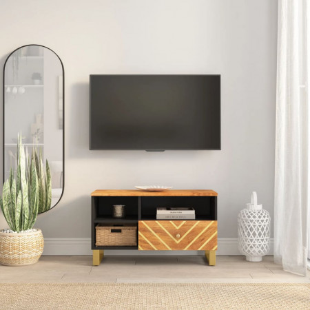 Dulap TV, maro și negru, 80x33,5x46 cm, lemn masiv de mango