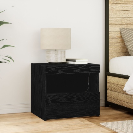 Noptieră cu Lumini LED Stejar Negru 50x40x45 cm