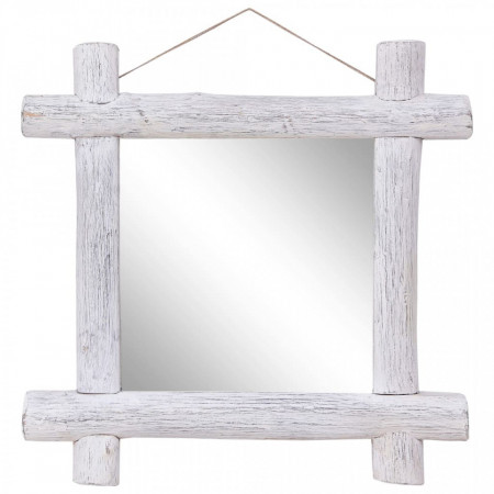 Oglindă cu ramă din bușteni, alb, 70x70 cm, lemn masiv reciclat - Img 1