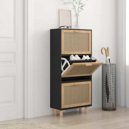 Pantofar, negru, 52x25x115 cm, lemn prelucrat și ratan natural