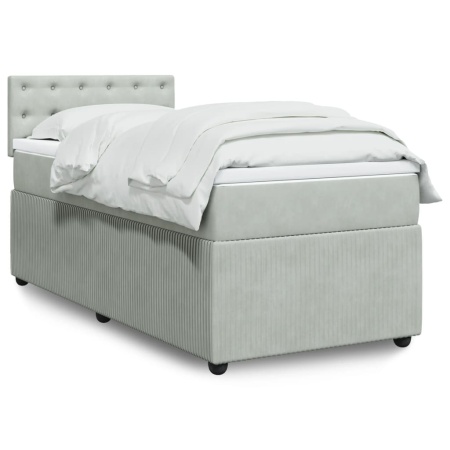 Pat box spring cu saltea, gri deschis, 90x190 cm, catifea