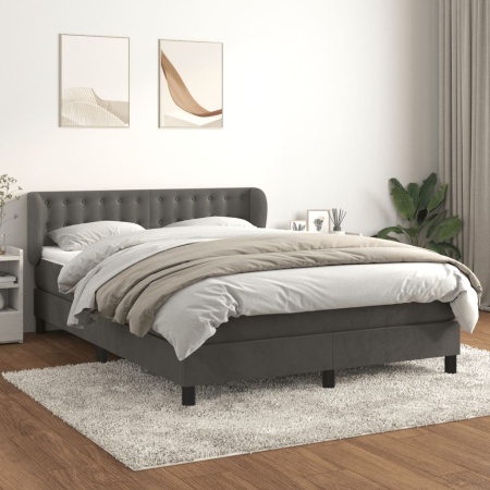 Pat box spring cu saltea, gri închis, 140x200 cm, catifea - Img 1