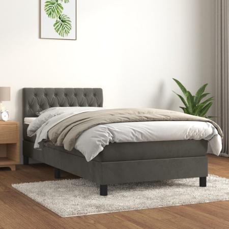 Pat box spring cu saltea, gri închis, 90x190 cm, catifea - Img 1