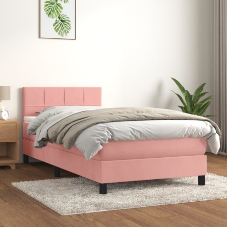 Pat box spring cu saltea, roz, 100x200 cm, catifea