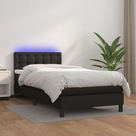 Pat continental cu saltea &amp; LED, negru, 80x200 cm, piele eco - Img 1