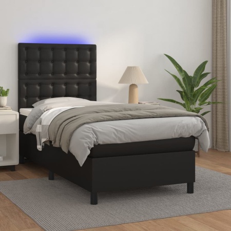 Pat cu arcuri, saltea și LED, negru, 100x200cm, piele ecologică