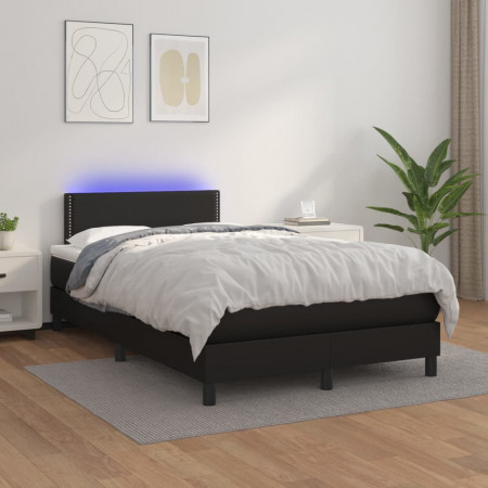 Pat cu arcuri, saltea și LED, negru, 120x200cm, piele ecologică