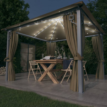 Pavilion cu perdele&șiruri lumini LED gri taupe 3x3 m aluminiu