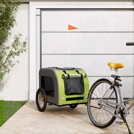 Remorcă de bicicletă pentru câini verde&amp;gri, textil oxford&amp;fier - Img 1