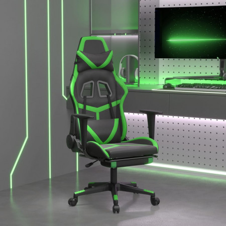 Scaun de gaming cu suport picioare negru/verde, piele ecologică - Img 1