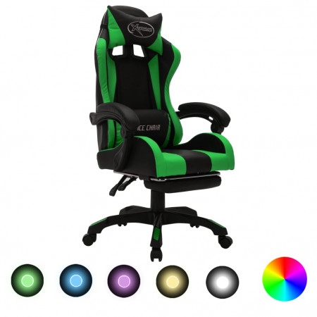 Scaun de jocuri cu LED RGB, verde și negru, piele ecologică