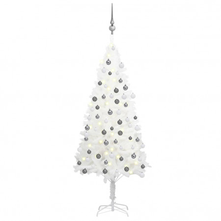 Set brad Crăciun artificial cu LED-uri/globuri, alb, 120 cm - Img 1