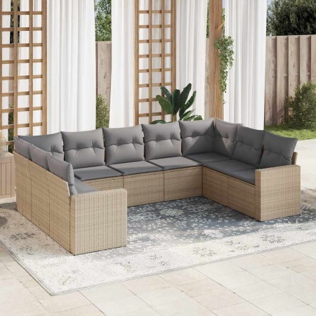 Set canapele de grădină, 9 piese, cu perne, bej, poliratan