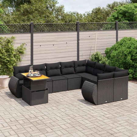 Set canapele de grădină cu perne, 10 piese, negru, poliratan