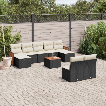 Set canapele de grădină cu perne, 10 piese, negru, poliratan