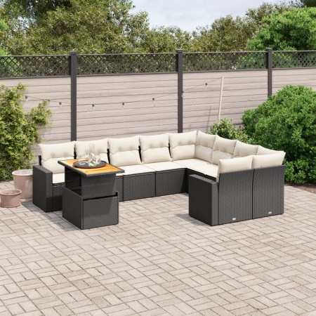 Set canapele de grădină cu perne, 10 piese, negru, poliratan
