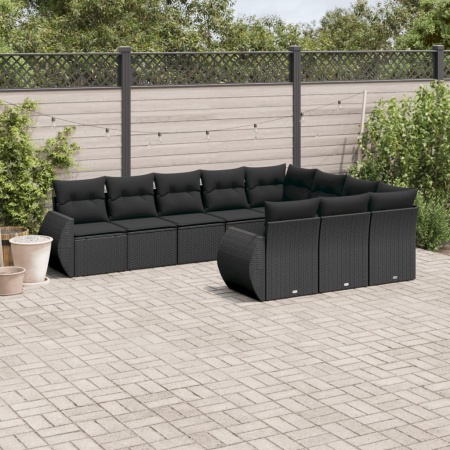 Set canapele de grădină cu perne, 10 piese, negru, poliratan